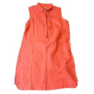 LINA TOMEI Women's Linen Sleeveless Shirt Dress LARGE Coral Shift Button Front